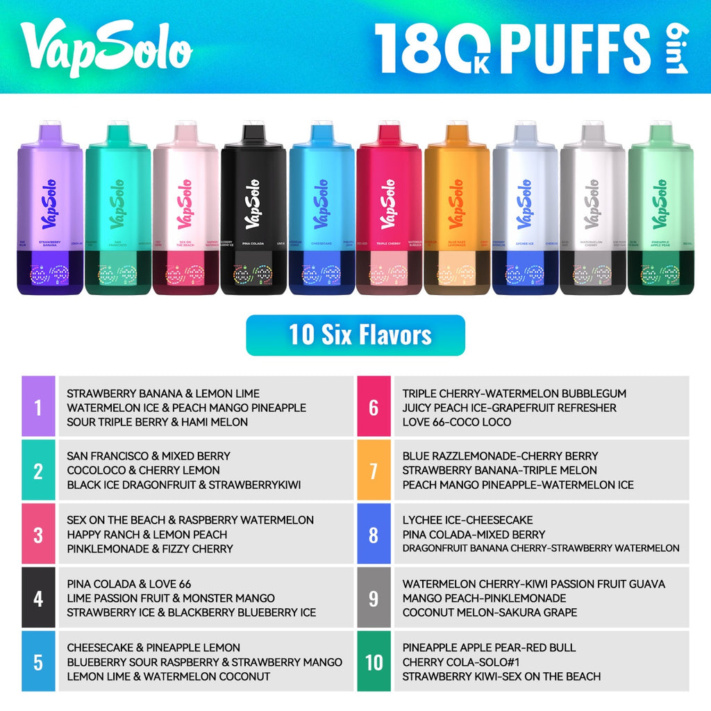 VapSolo Sixer 6 in 1 - 180k puffs Caixa com 10 unidades.