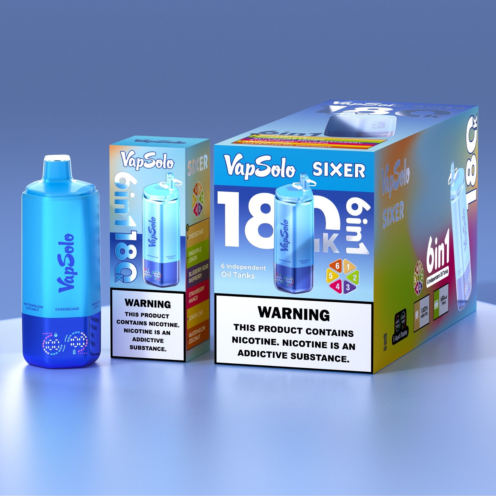 VapSolo Sixer 6 in 1 - 180k puffs Caixa com 10 unidades.